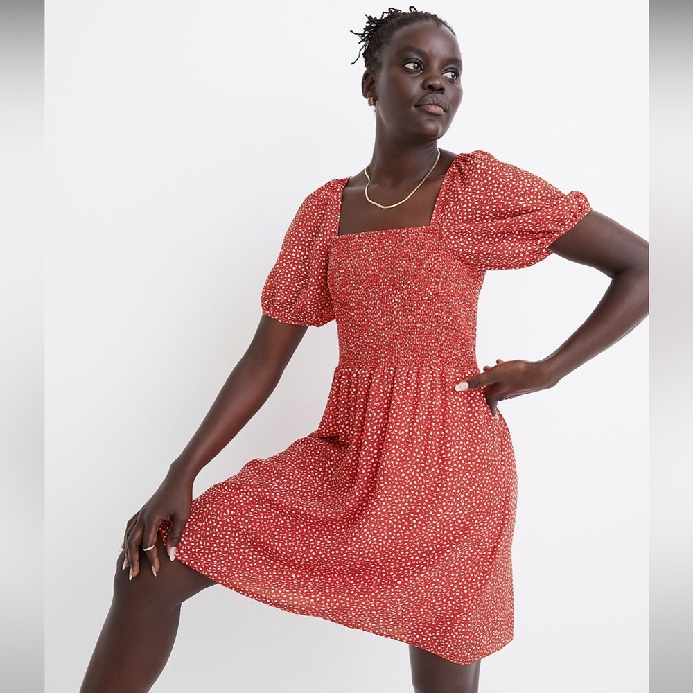 Madewell Silk Lucie Puff-Sleeve Smocked Mini Dress